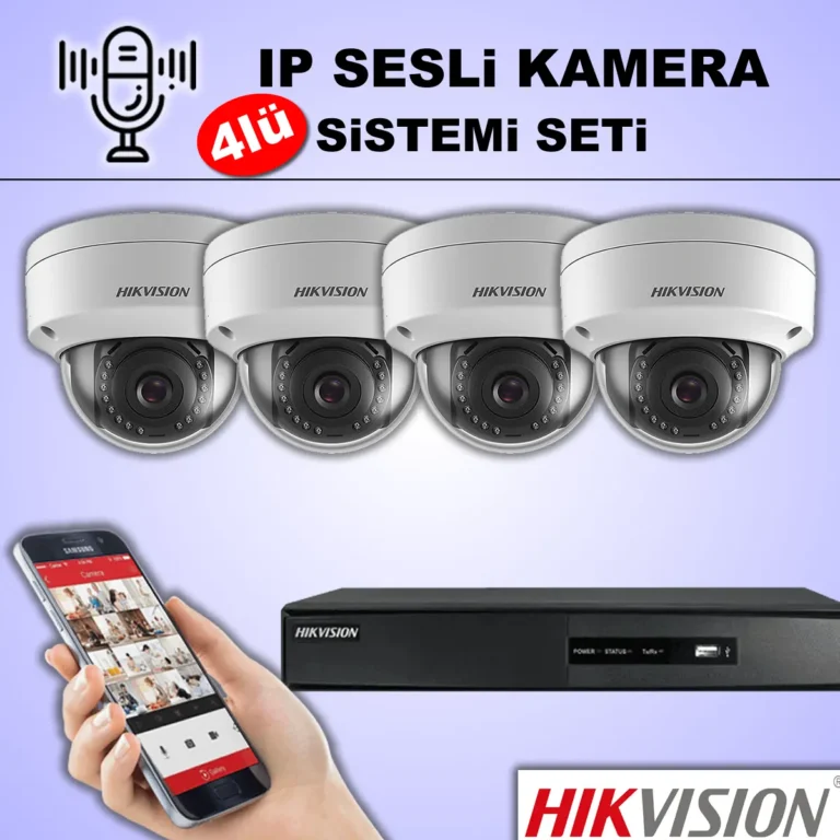 Hikvision 4 Kameralı IP Sesli Kamera Sistemi Hikvision 4lü IP Sesli Kamera Seti